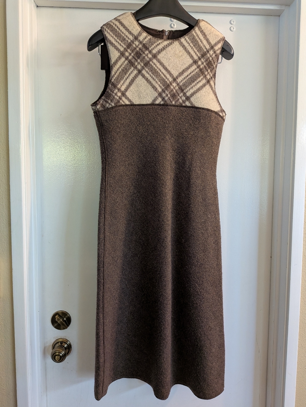 Vintage Paco Rabanne Cream Plaid Yoke Brown Midi Dress